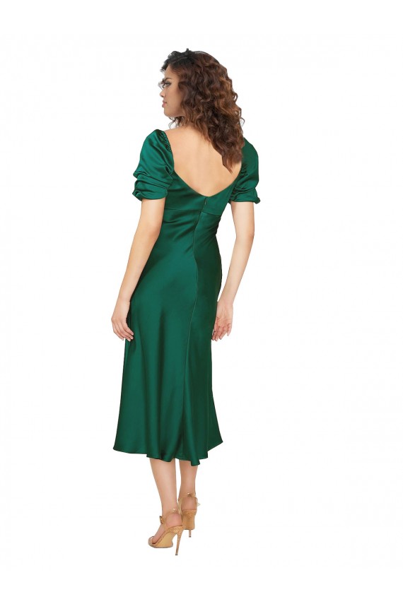Vert Chasseur Trapèze midi Satiné Soyeux Courte Robes demoiselle d'honneur / Robes de soirée / Robes de bal Pas Chère