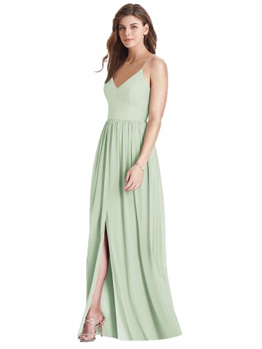 Vert Sauge Trapèze Bretelles spaghetti Col V Mousseline Longue Robes demoiselle d'honneur Pas Chre