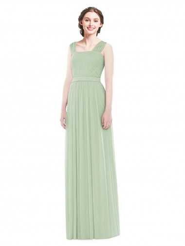 Vert Sauge Trapèze Bretelles spaghetti Mousseline Longue Robes demoiselle d'honneur Pas Chre