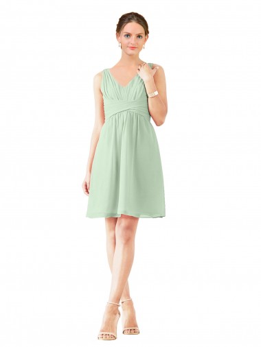 Vert Sauge Trapèze Col V Mousseline Courte Robes demoiselle d'honneur / Robes de cocktail Pas Chre