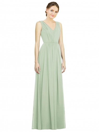 Vert Sauge Trapèze Col V Mousseline Longue Robes demoiselle d'honneur Pas Chre
