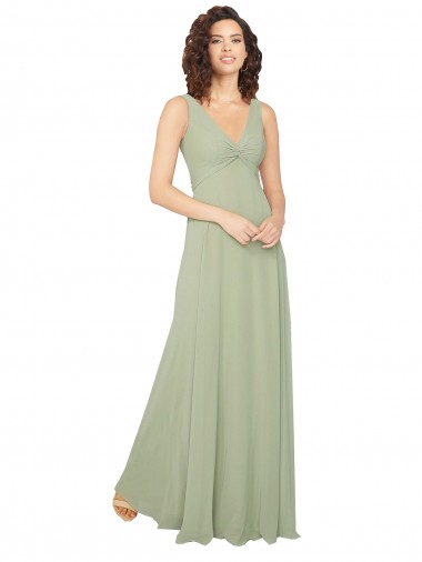 Vert Sauge Trapèze Col V Mousseline Longue Robes demoiselle d'honneur Pas Chre