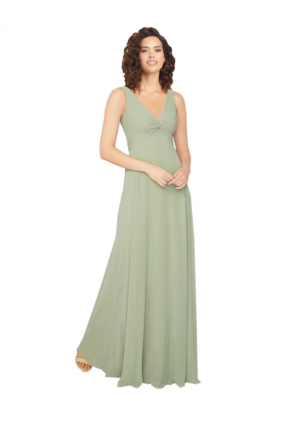 Vert Sauge Trapèze Col V Mousseline Longue Robes demoiselle d'honneur Pas Chère