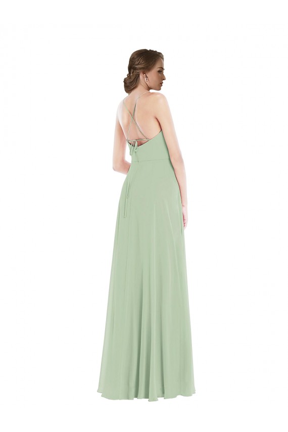 Vert Sauge Trapèze Scoop Mousseline Longue Robes demoiselle d'honneur Pas Chère
