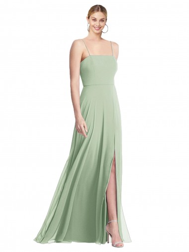 Vert Sauge Trompette Bretelles spaghetti Col Carré Mousseline Longue Formelles Robes demoiselle d'honneur / Robes de soirée Pas Chre