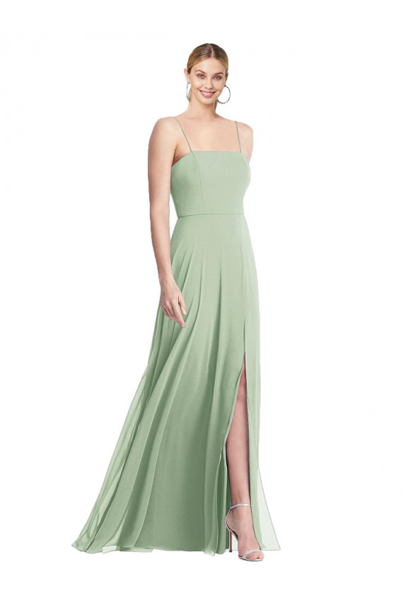 Vert Sauge Trompette Bretelles spaghetti Col Carré Mousseline Longue Formelles Robes demoiselle d'honneur / Robes de soirée Pas Chère
