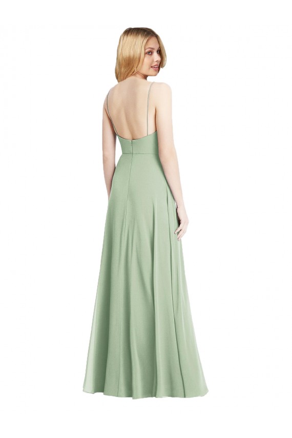 Vert Sauge Trompette Bretelles spaghetti Col Carré Mousseline Longue Formelles Robes demoiselle d'honneur / Robes de soirée Pas Chère