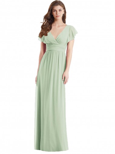 Vert Sauge Trompette Col V Mousseline Longue Robes demoiselle d'honneur Pas Chre