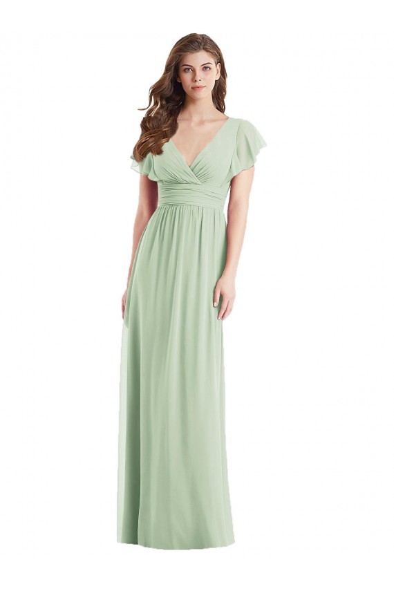 Vert Sauge Trompette Col V Mousseline Longue Robes demoiselle d'honneur Pas Chère