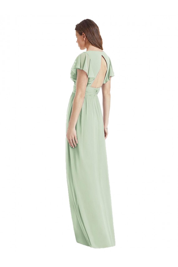 Vert Sauge Trompette Col V Mousseline Longue Robes demoiselle d'honneur Pas Chère