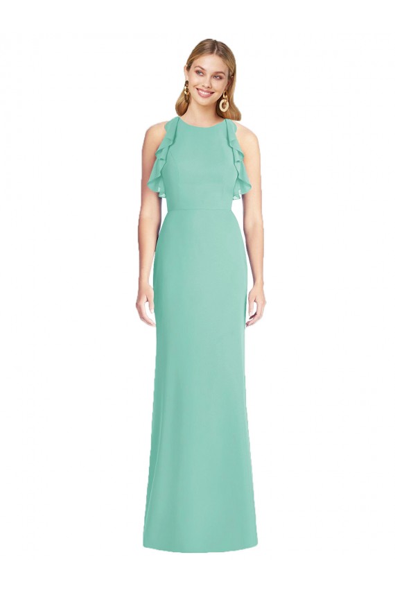 Vert de jade Sirène Col bijou Mousseline Longue Robes demoiselle d'honneur Pas Chère