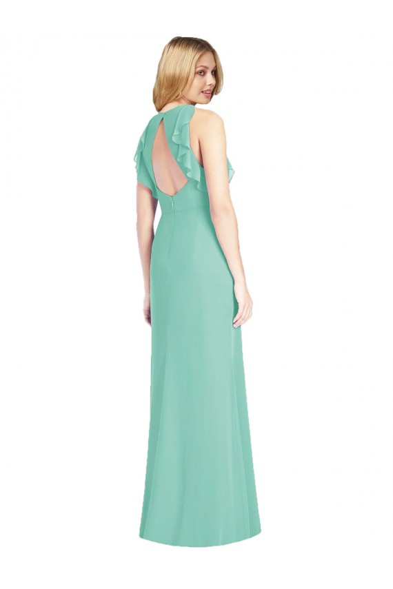 Vert de jade Sirène Col bijou Mousseline Longue Robes demoiselle d'honneur Pas Chère
