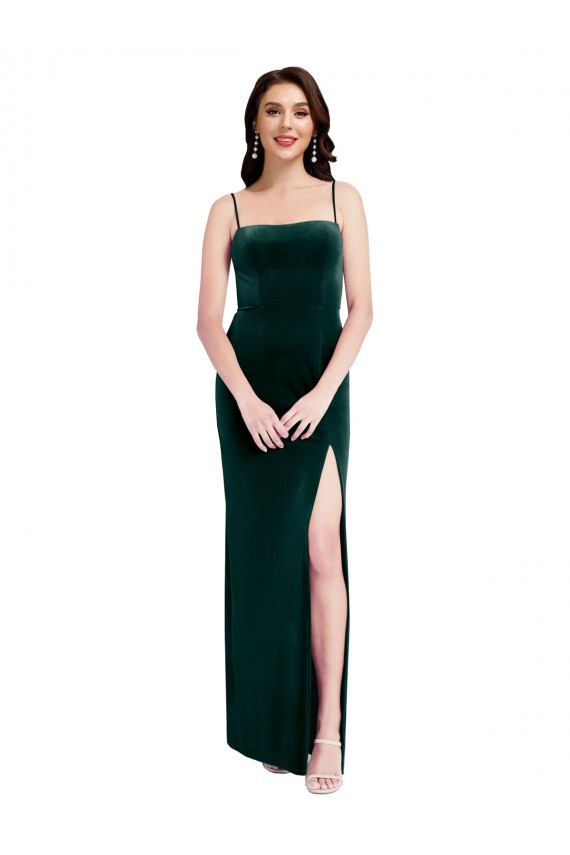 Vert foncé Fourreau Bretelles spaghetti Col Carré Velours Stretch Longue Robes demoiselle d'honneur / Robes de bal Pas Chère