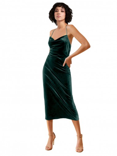 Vert foncé Fourreau Bretelles spaghetti midi Velours Stretch Courte Robes demoiselle d'honneur / Robes de soirée / Robes de cocktail Pas Chre