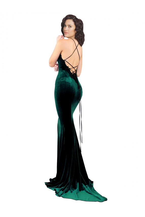 Vert foncé Sirène Col Haut Balayage train Velours Stretch Longue Formelles Robes demoiselle d'honneur / Robes de soirée / Robes de bal Pas Chère