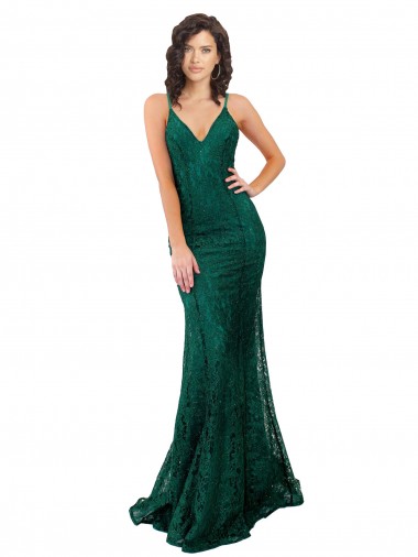 Vert foncé Sirène Col V Dentelle Longue Robes demoiselle d'honneur / Robes de bal Pas Chre