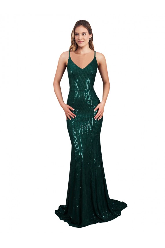 Vert foncé Sirène Col V Paillette Longue Formelles Robes demoiselle d'honneur / Robes de soirée / Robes de bal Pas Chère