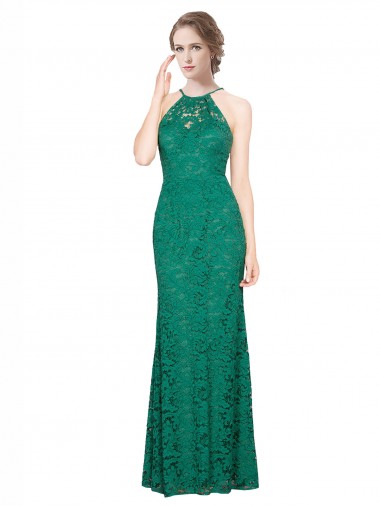 Vert foncé Sirène Licou Col Haut Dentelle Longue Robes demoiselle d'honneur / Robes de bal Pas Chre