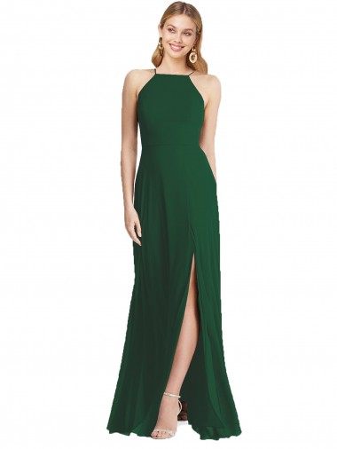Vert foncé Trapèze Bretelles spaghetti Col Haut Mousseline Longue Robes demoiselle d'honneur Pas Chre
