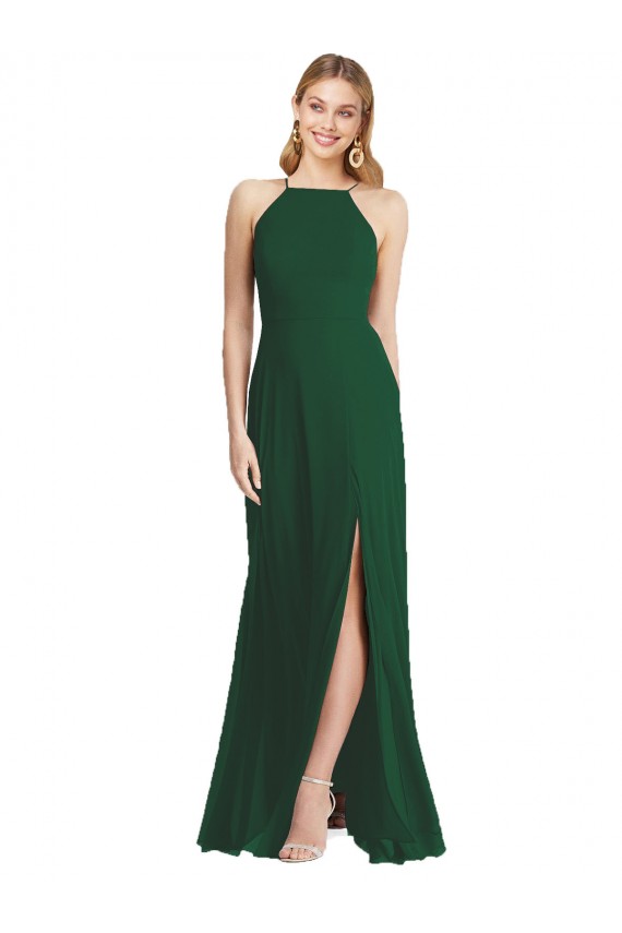 Vert foncé Trapèze Bretelles spaghetti Col Haut Mousseline Longue Robes demoiselle d'honneur Pas Chère