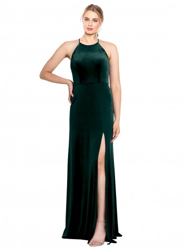 Vert foncé Trapèze Bretelles spaghetti Col bijou Velours Stretch Longue Robes demoiselle d'honneur / Robes de bal Pas Chre