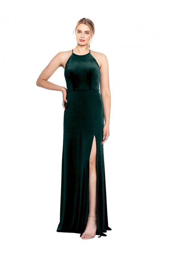 Vert foncé Trapèze Bretelles spaghetti Col bijou Velours Stretch Longue Robes demoiselle d'honneur / Robes de bal Pas Chère