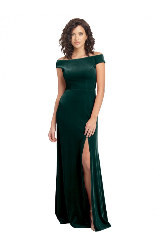 Vert foncé Trapèze Col Carré Velours Stretch Longue Formelles Robes demoiselle d'honneur / Robes de soirée / Robes de bal Pas Chère