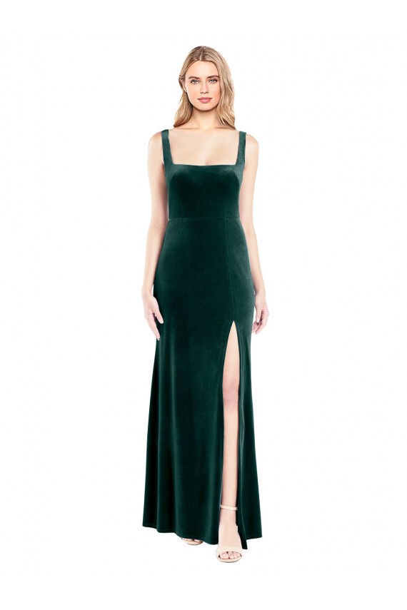 Vert foncé Trapèze Col Carré Velours Stretch Longue Robes demoiselle d'honneur / Robes de bal Pas Chère