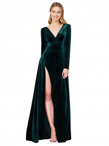 Vert foncé Trapèze Col V Balayage train Velours Stretch Longue Formelles Robes demoiselle d'honneur / Robes de soirée / Robes de bal Pas Chre