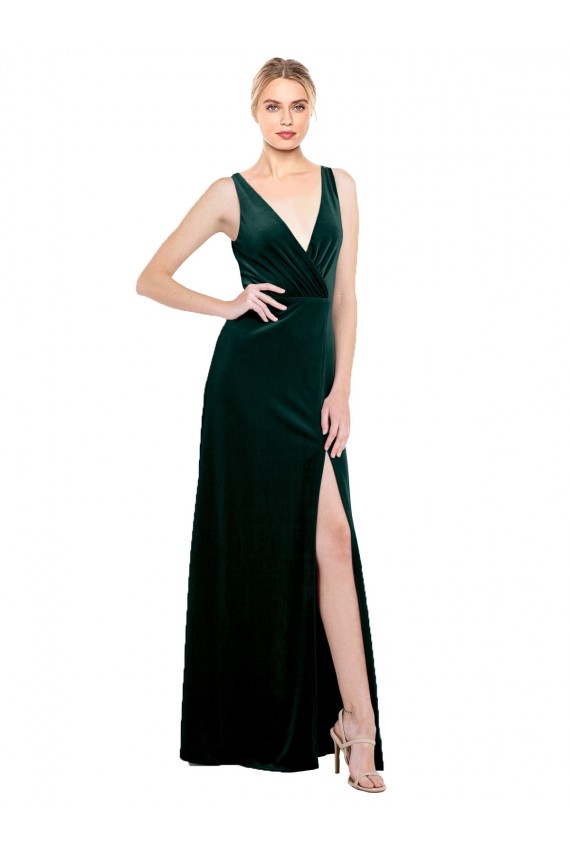 Vert foncé Trapèze Col V Velours Stretch Longue Formelles Robes demoiselle d'honneur / Robes de soirée / Robes de bal Pas Chère