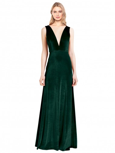 Vert foncé Trapèze Col V Velours Stretch Longue Formelles Robes demoiselle d'honneur / Robes de soirée / Robes de bal Pas Chre