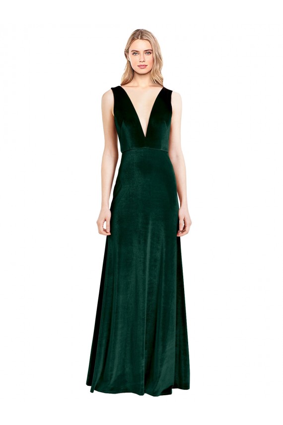 Vert foncé Trapèze Col V Velours Stretch Longue Formelles Robes demoiselle d'honneur / Robes de soirée / Robes de bal Pas Chère
