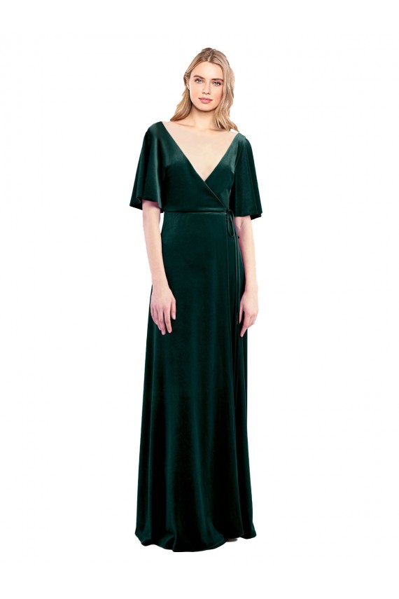 Vert foncé Trapèze Col V Velours Stretch Longue Robes demoiselle d'honneur / Robes de bal Pas Chère