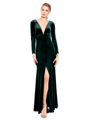 Vert foncé Trapèze Col V Velours Stretch Longue Robes demoiselle d'honneur / Robes de bal Pas Chre
