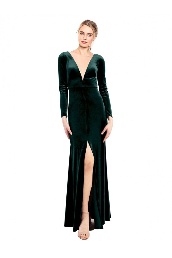 Vert foncé Trapèze Col V Velours Stretch Longue Robes demoiselle d'honneur / Robes de bal Pas Chère