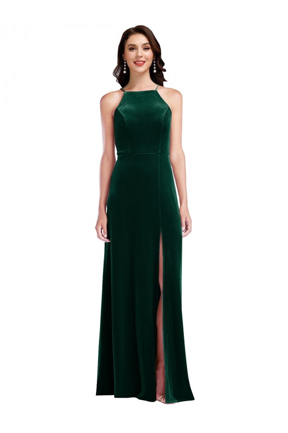 Vert foncé Trapèze Licou Col Haut Velours Stretch Longue Robes demoiselle d'honneur / Robes de bal Pas Chère
