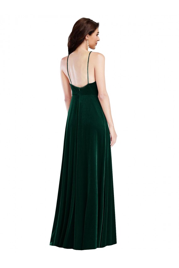 Vert foncé Trapèze Licou Col Haut Velours Stretch Longue Robes demoiselle d'honneur / Robes de bal Pas Chère