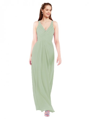Vert fumée Fourreau Col V Mousseline Longue Robes demoiselle d'honneur Pas Chre