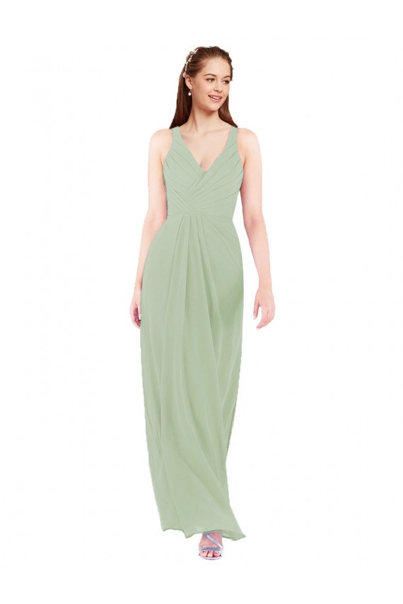 Vert fumée Fourreau Col V Mousseline Longue Robes demoiselle d'honneur Pas Chère