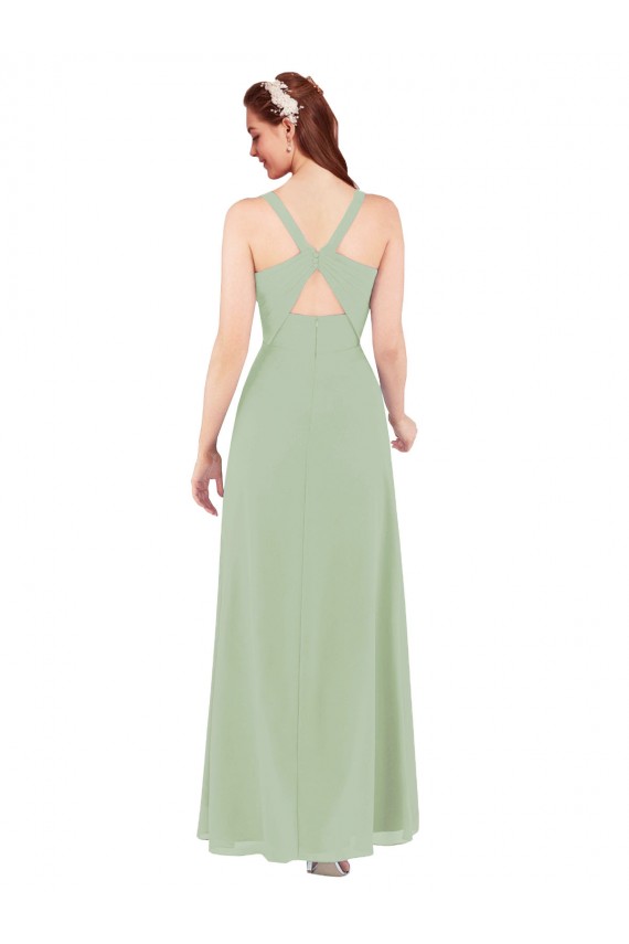 Vert fumée Fourreau Col V Mousseline Longue Robes demoiselle d'honneur Pas Chère