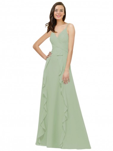 Vert fumée Trapèze Bretelles spaghetti Col V Mousseline Longue Robes demoiselle d'honneur Pas Chre