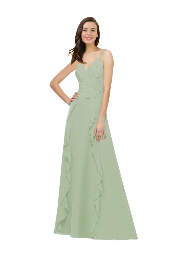 Vert fumée Trapèze Bretelles spaghetti Col V Mousseline Longue Robes demoiselle d'honneur Pas Chère