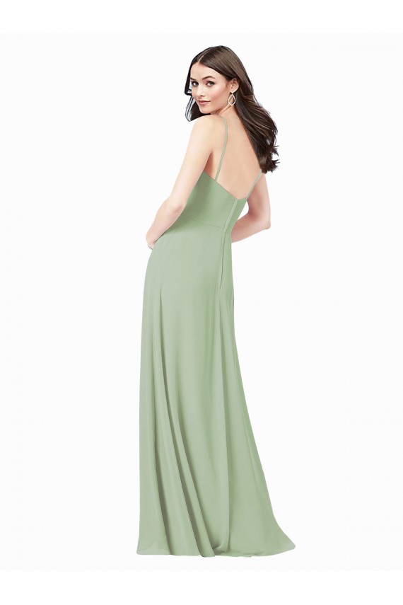 Vert fumée Trapèze Bretelles spaghetti Mousseline Longue Robes demoiselle d'honneur Pas Chère