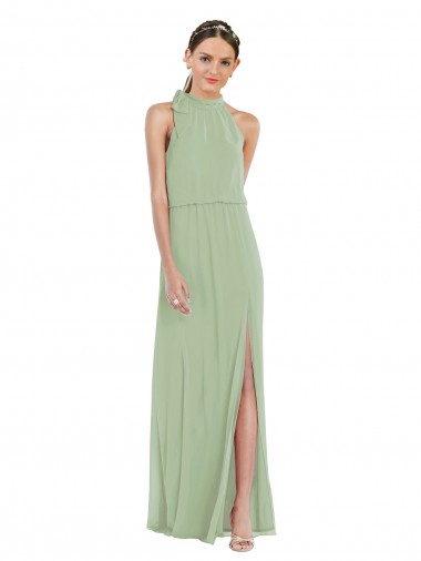 Vert fumée Trapèze Col Haut Mousseline Longue Robes demoiselle d'honneur Pas Chre