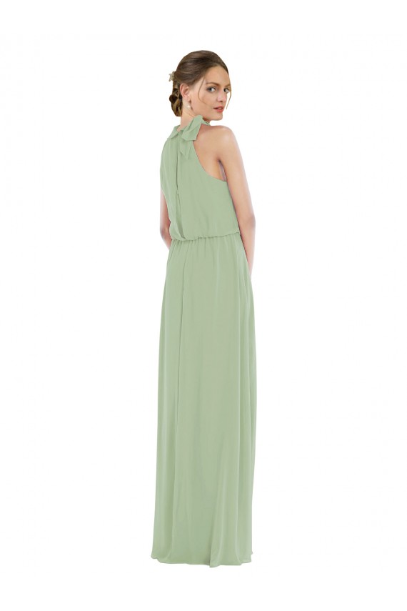 Vert fumée Trapèze Col Haut Mousseline Longue Robes demoiselle d'honneur Pas Chère