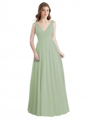 Vert fumée Trapèze Col V Mousseline Longue Robes demoiselle d'honneur Pas Chre