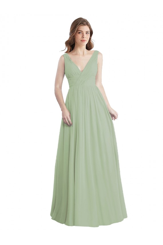 Vert fumée Trapèze Col V Mousseline Longue Robes demoiselle d'honneur Pas Chère