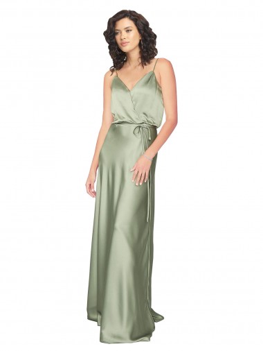 Vert fumée Trapèze Col V Satiné Soyeux Longue Formelles Robes demoiselle d'honneur / Robes de soirée Pas Chre