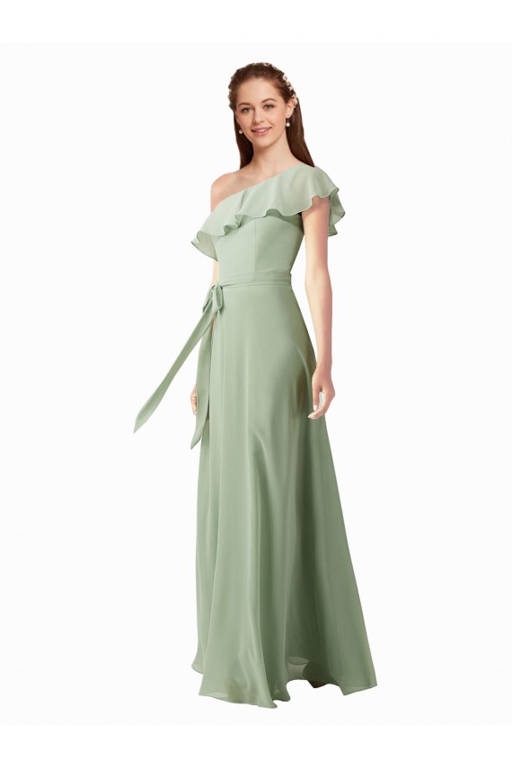 Vert fumée Trapèze Mousseline Longue Robes demoiselle d'honneur Pas Chère