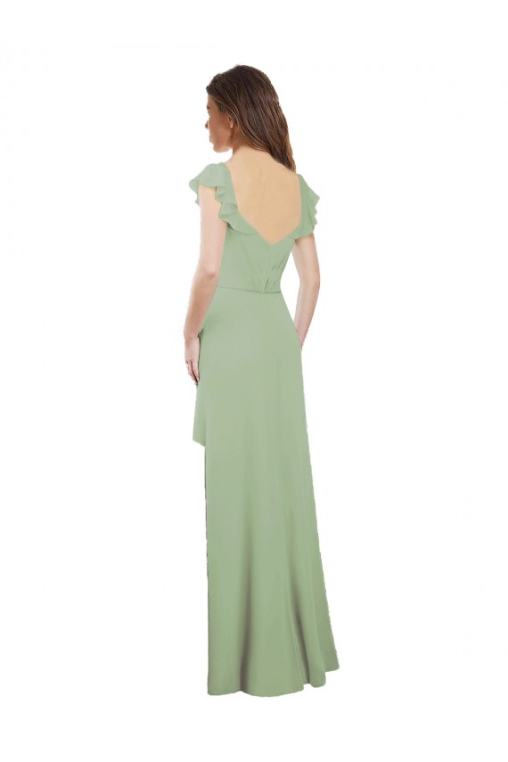 Vert fumée Trapèze Mousseline Longue Robes demoiselle d'honneur Pas Chère